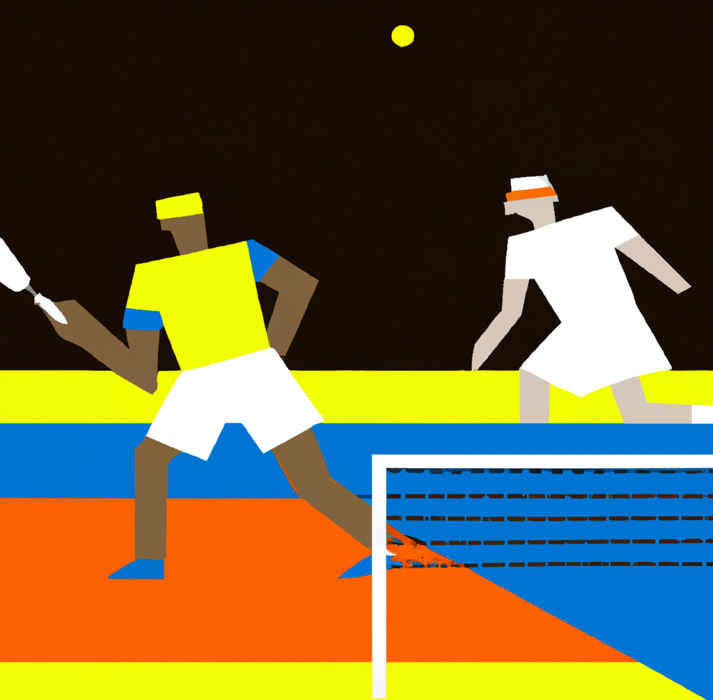 Two racquet-sport players on court in a colorful Ralley illustration