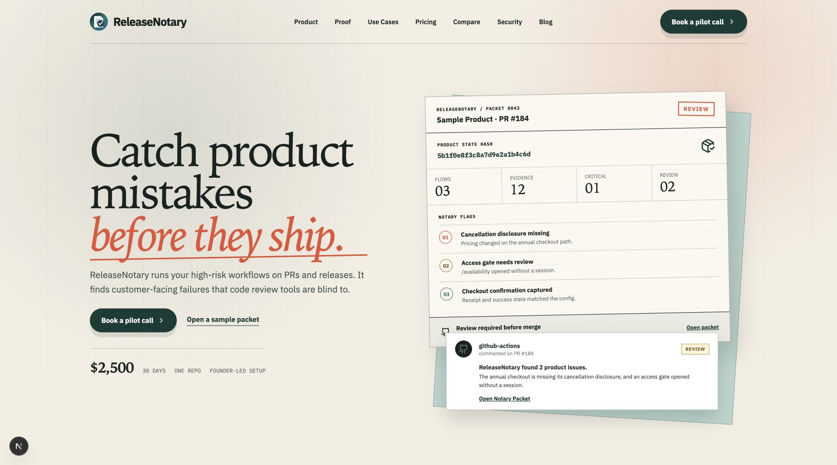 ReleaseNotary product page showing a release evidence packet and review flags